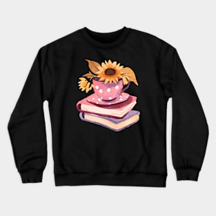 Cute Watercolor Books and Coffee Cup and Sunflowers Crewneck Sweatshirt